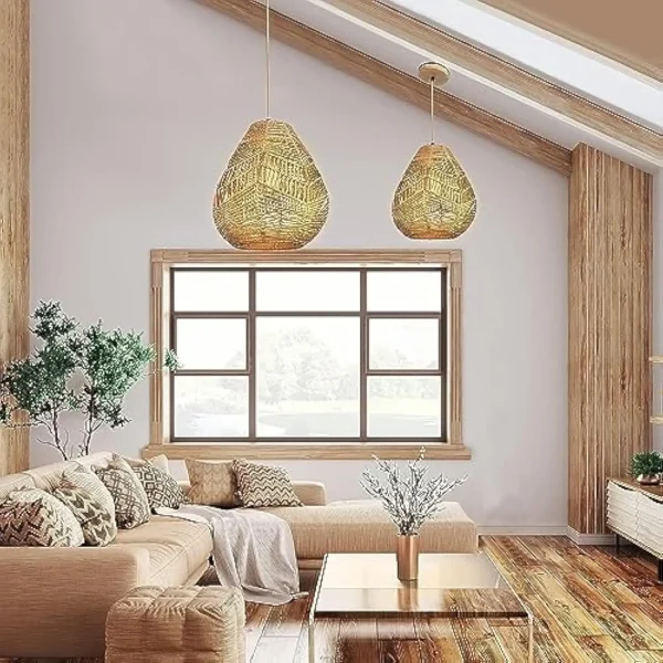 Wireless Battery Operated Pendant Light with Remote, Non Hardwired Hanging Ceiling Light, Hand Woven Rattan Large Pendant Ligh - Image 5