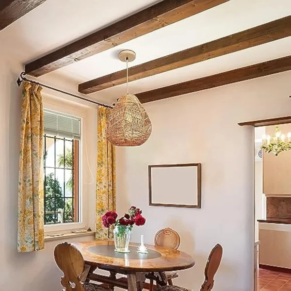 Wireless Battery Operated Pendant Light with Remote, Non Hardwired Hanging Ceiling Light, Hand Woven Rattan Large Pendant Ligh - Image 4