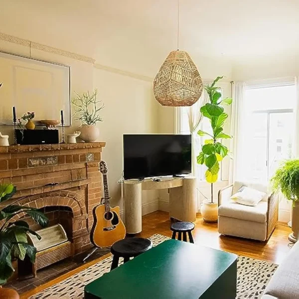 Wireless Battery Operated Pendant Light with Remote, Non Hardwired Hanging Ceiling Light, Hand Woven Rattan Large Pendant Ligh - Image 3