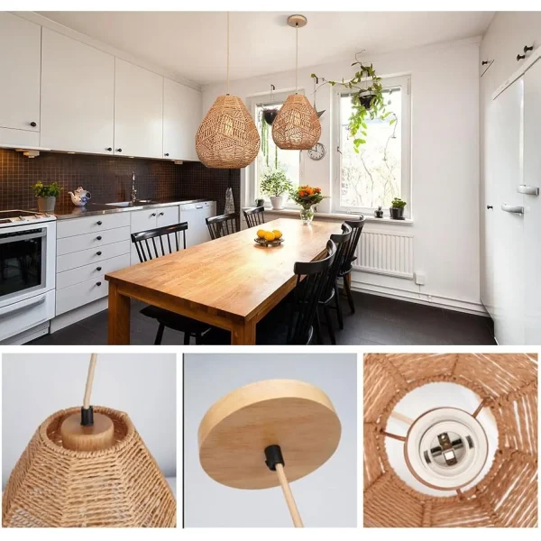 Wireless Battery Operated Pendant Light with Remote, Non Hardwired Hanging Ceiling Light, Hand Woven Rattan Large Pendant Ligh - Image 6