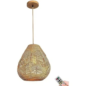 Wireless Battery Operated Pendant Light with Remote, Non Hardwired Hanging Ceiling Light, Hand Woven Rattan Large Pendant Ligh